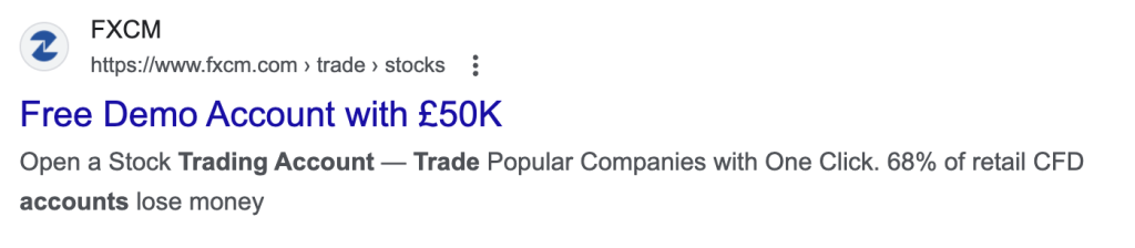Fxcm search result card free demo account with £50k headline with a brief description about stock trading accounts and cfd losses edge