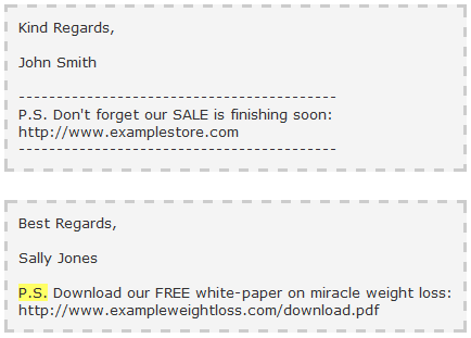 Capture Email closing from john smith kind regards followed by a p S About a sale ending soon at httpwww Examplestore Com two line signature