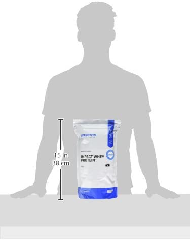 5f55d213a638c7889654fa20b815f41b783c3718 A bag of protein powder impact whey protein placed in front of a gray silhouette of a person with a vertical scale showing 15 in 38 cm to indicate the bags height