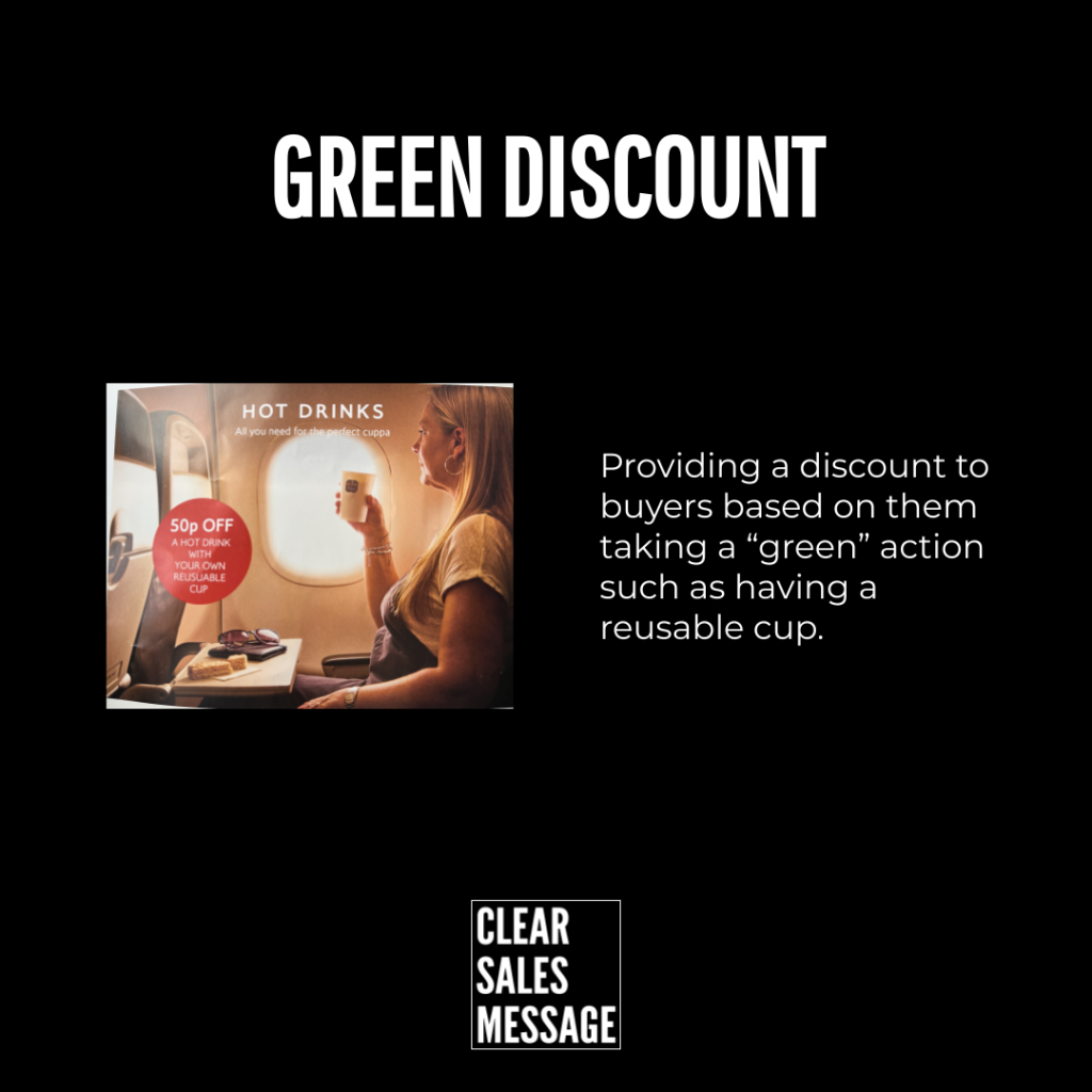 Promotional layout with a green discount headline left shows a woman with a reusable cup on a plane right explains eco friendly discount rules bottom clear sales message logo