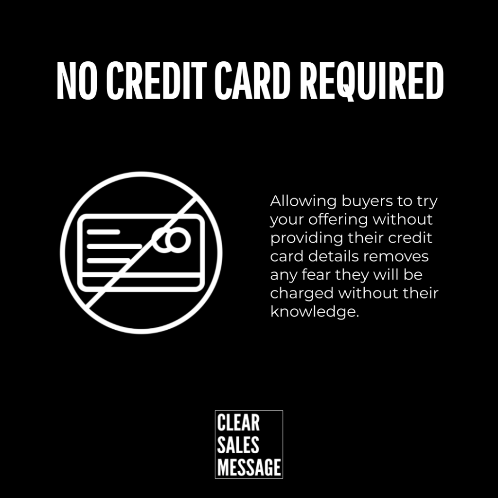 Black background with bold headline no credit card required left a crossed out credit card icon right explanatory text about trying the offer without card details small clear sales message logo at bottom