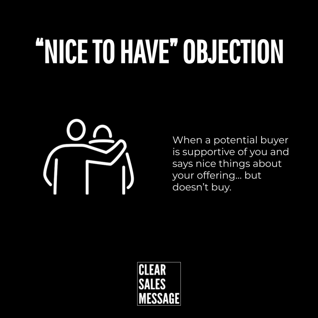 Nice to have objection Slide conveying a nice to have objection white text on black with a hug icon and the caption about supportive buyers who dont buy logo says clear sales message at bottom
