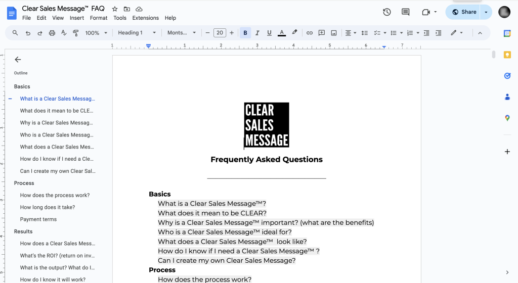 Screenshot 2024 06 18 at 21 22 11 Screenshot of a google docs document titled clear sales message showing a logo the heading frequently asked questions and a multi section faq outline on the left