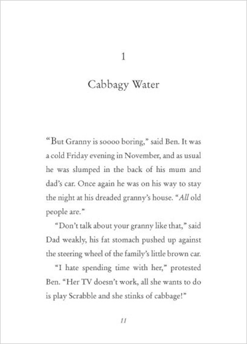 Chapter page titled cabbagy water with a dialogue heavy passage about granny ben and scrabble page 11