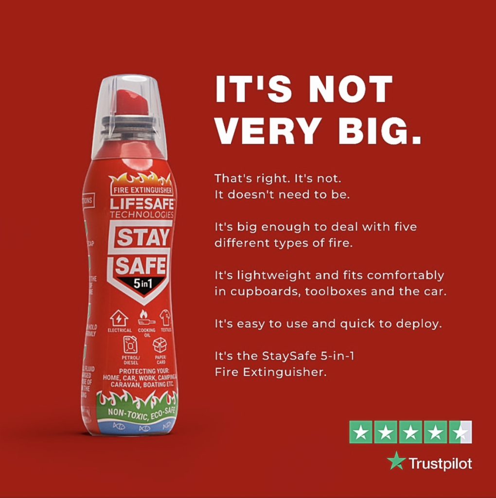 Screenshot 2024 06 18 at 21 35 10 Red advertisement for lifesafe staysafe 5 in 1 fire extinguisher bold headline its not very big with feature bullet points on the right