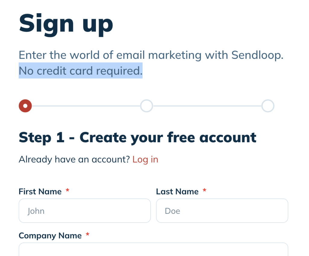 Signup hero prompting to create a free account with no credit card required highlight and a step progress indicator
