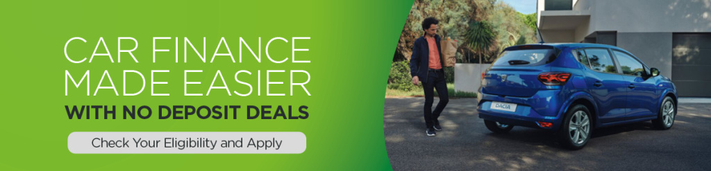 Promotional banner for car finance with no deposit deals blue dacia suv parked by a house as a man approaches