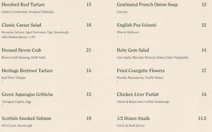 Langans 4 Two column menu listing dishes and prices including hereford beef tartare classic caesar salad and gratinated french onion soup