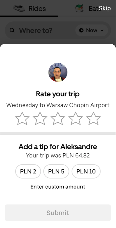 Screenshot 2024 06 20 at 12 35 01 Feedback modal titled rate your trip for wednesday to warsaw chopin airport with a profile photo and five empty stars for rating image of user above
