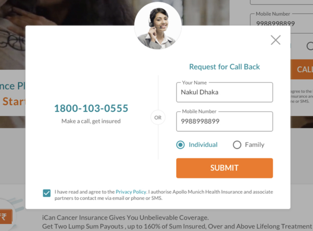 Modal titled request for call back with a form to enter name and mobile number options for individual or family and an orange submit button