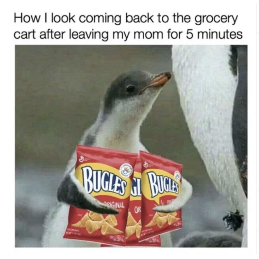 Screenshot 2024 06 22 at 06 35 05 Meme of a penguin holding two bags of bugles snacks with the caption about returning to the grocery cart after leaving mom for 5 minutes