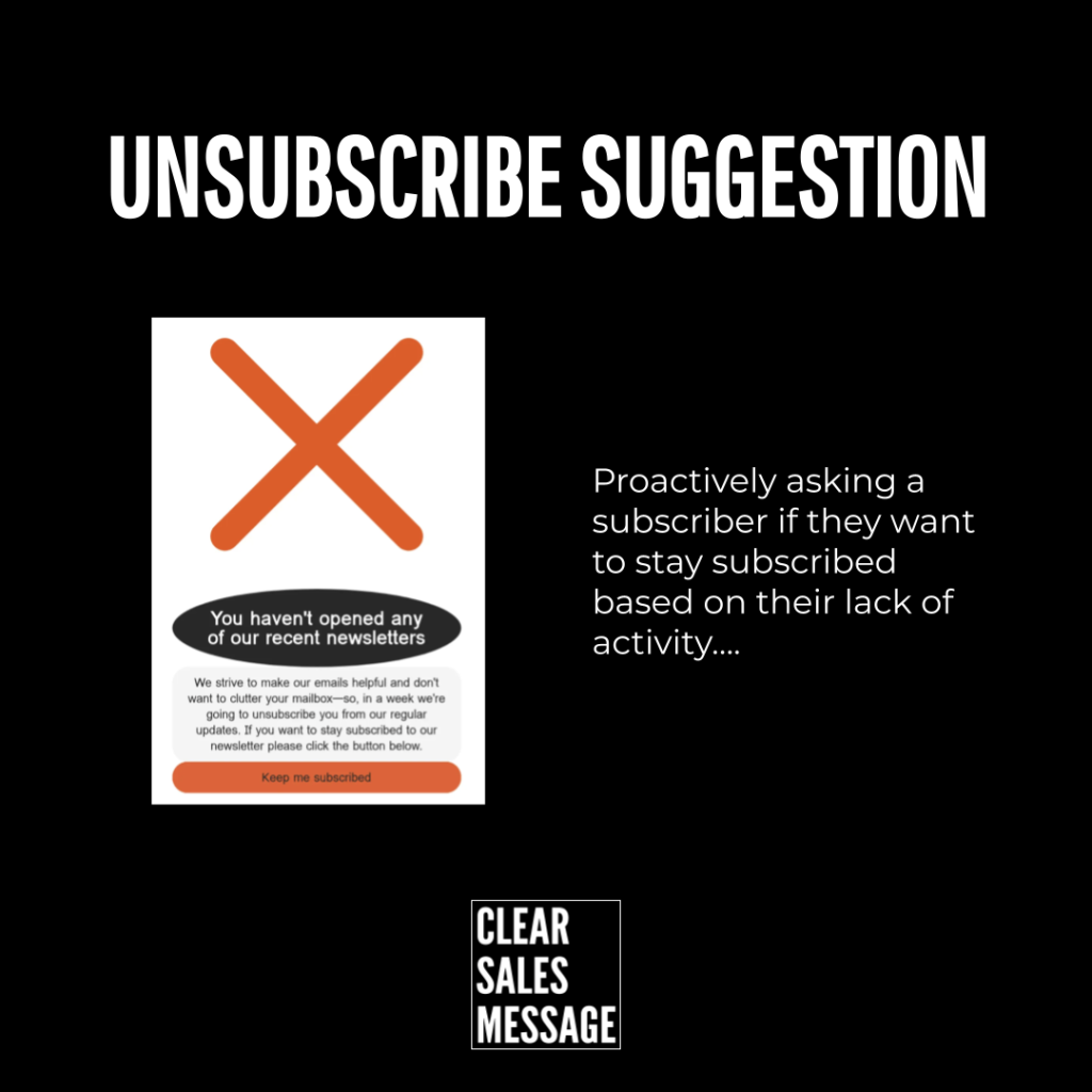 Informational image showing an unsubscribe suggestion banner with an orange x over a sample unsubscribe message and a keep me subscribed button plus right side text about proactively asking inactive subscribers to stay subscribed bottom clear sales message logo
