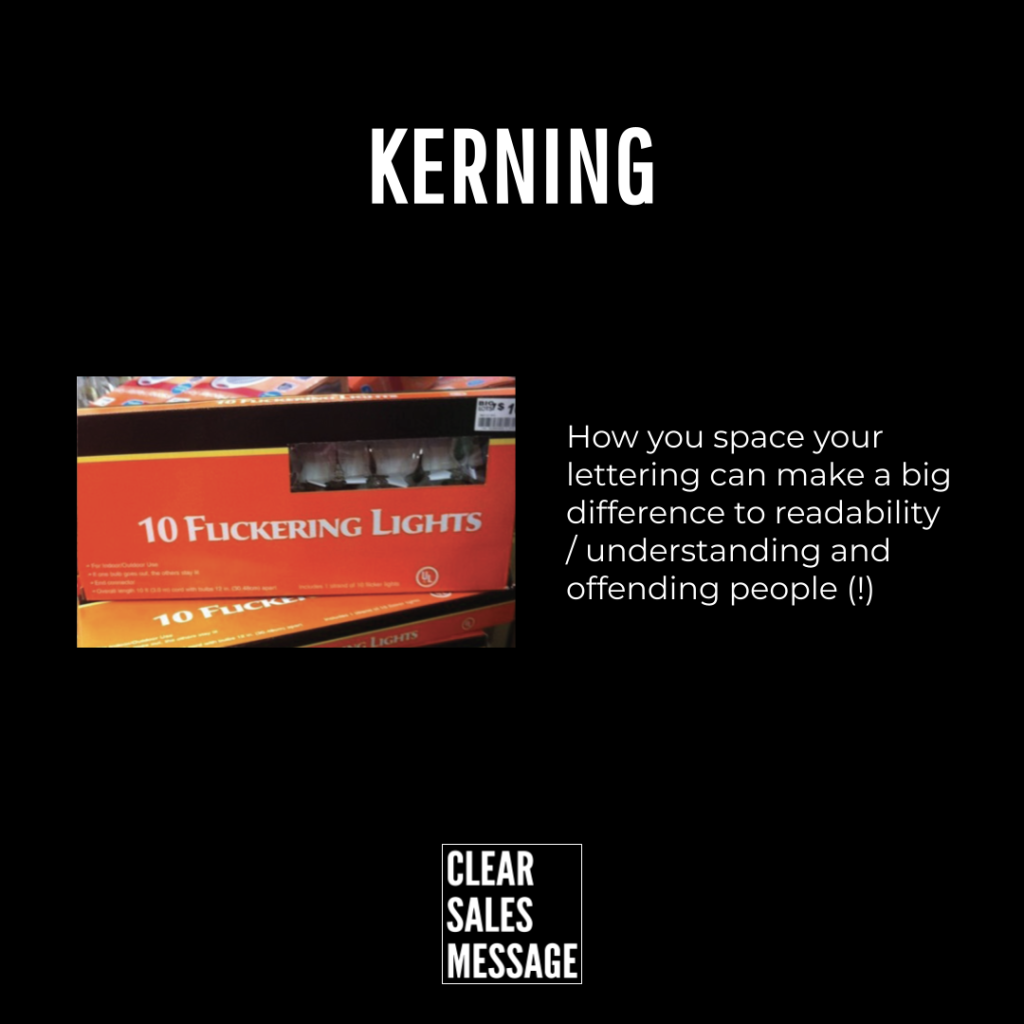 Black page with the word kerning left image shows orange boxes reading 10 fucking lights right side has text about spacing and readability bottom small clear sales message logo