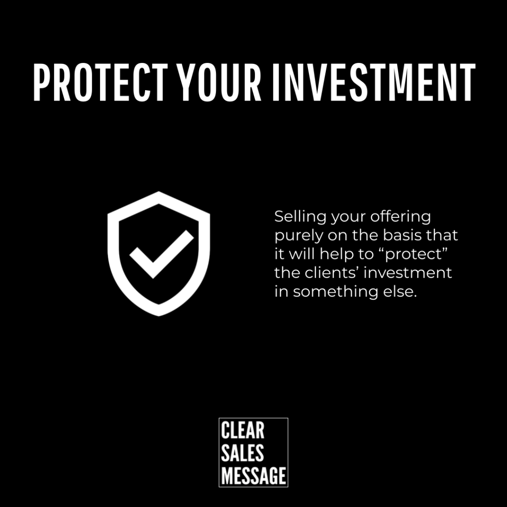 Protect your investment Black slide with bold white title protect your investment left white shield with a checkmark right paragraph about not just promising protection bottom small clear sales message logo