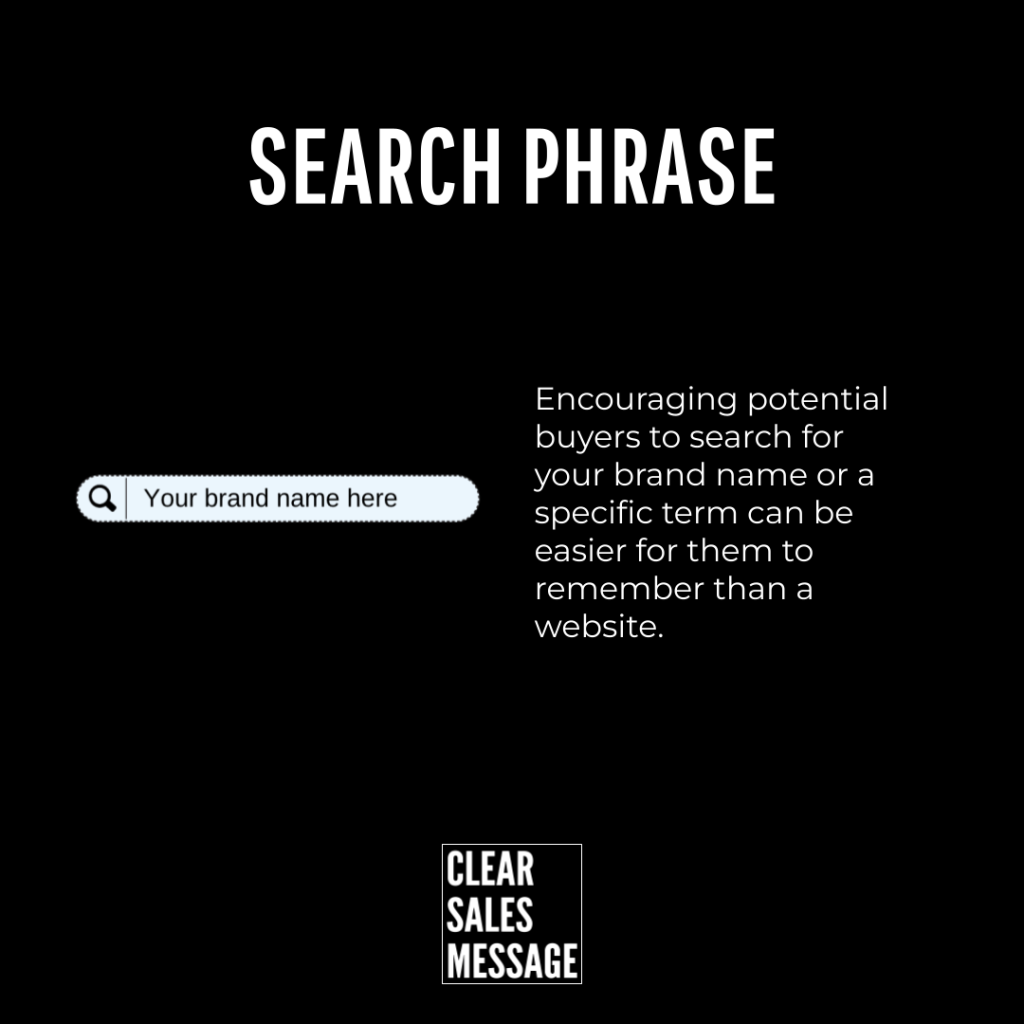Poster style image black background with search phrase title left shows a rounded search bar reading your brand name here with a magnifier right a paragraph about remembering a brand through search small clear sales message logo at the bottom