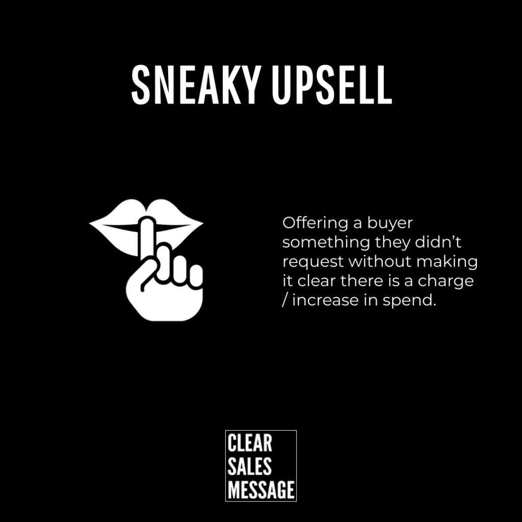 Sneaky upsell illustration of a finger over lips next to a paragraph about covertly adding charges with a clear sales message logo below
