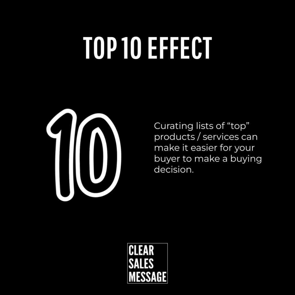 Slide titled top 10 effect on a black background large white 10 on the left and a paragraph about curating top product lists aiding buyer decisions bottom clear sales message logo