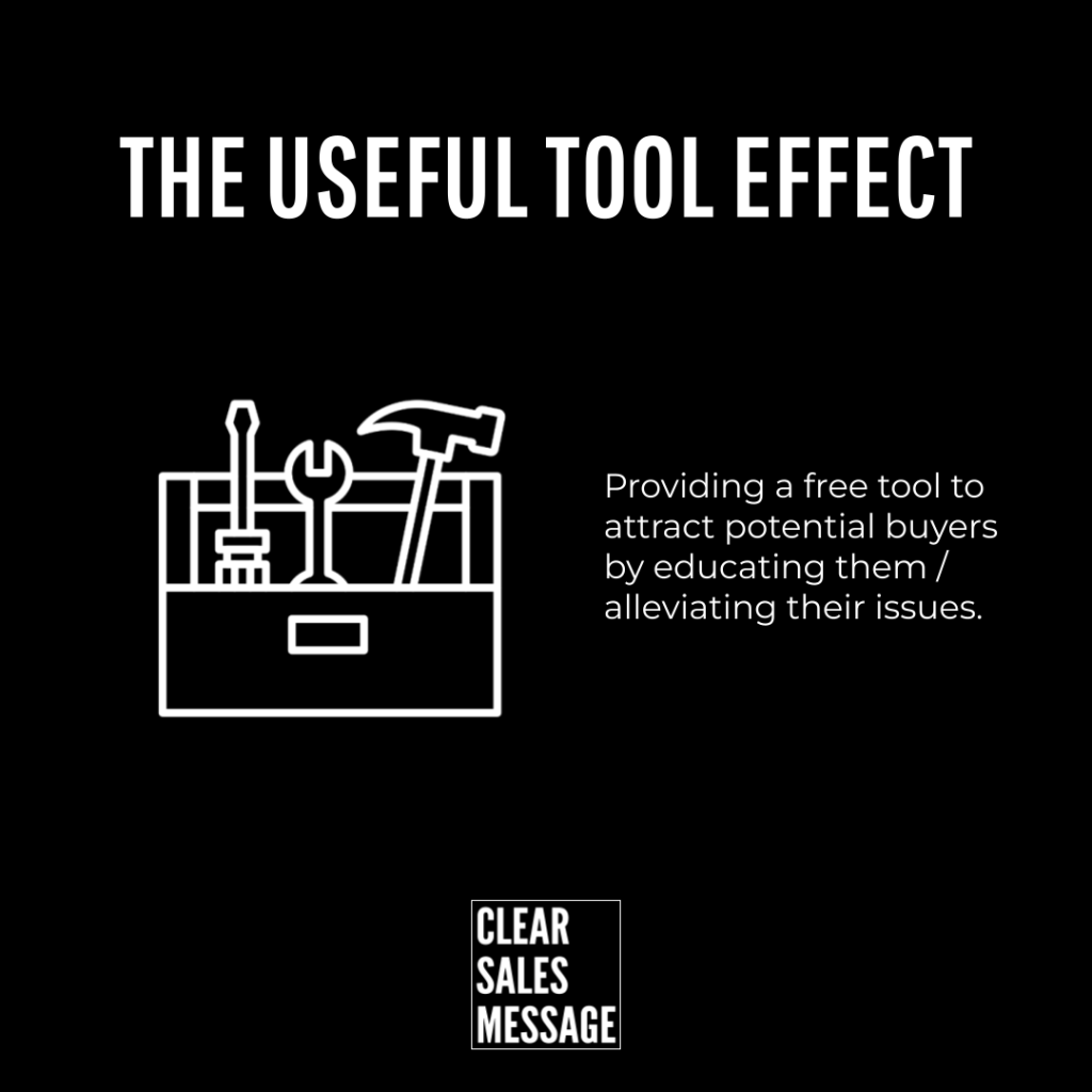 Useful tool effect Black poster with the headline the useful tool effect a white toolbox illustration on the left and a descriptive paragraph on the right plus a small clear sales message logo at the bottom