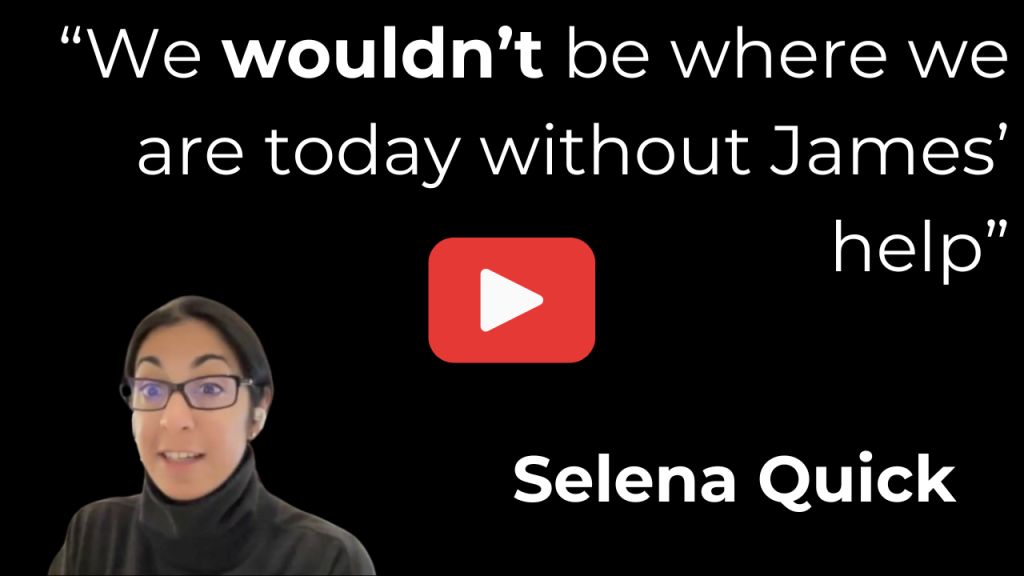 Video thumbnail selena quick on a black background with a large quote about james help and a centered red play button