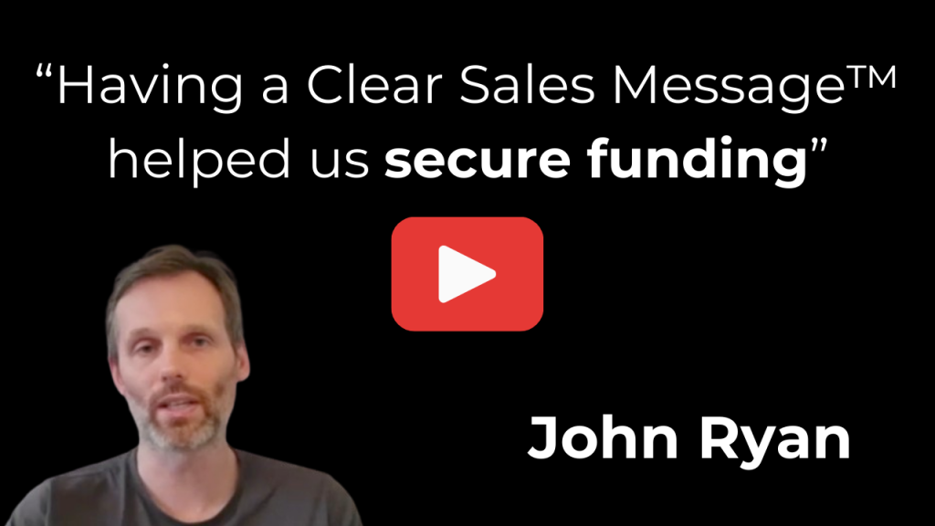 Video thumbnail with a testimonial quote having a clear sales message helped us secure funding large white text on black red play button center john ryan on the left
