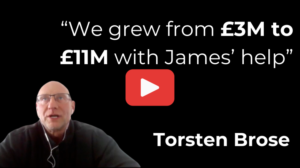 Video thumbnail quote about growth with £3m to £11m play button in center torsten brose name bottom right man on left