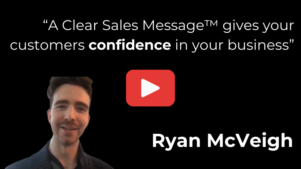 Video thumbnail with a man on the left red play button in the center and ryan mcveigh in white on black background plus a sales quote about confidence above him