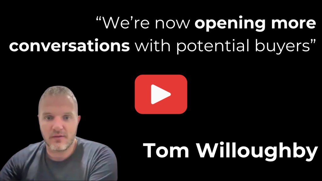 Video thumbnail on black background with a white quote about opening more conversations a red play button at center and tom willoughby in the bottom left