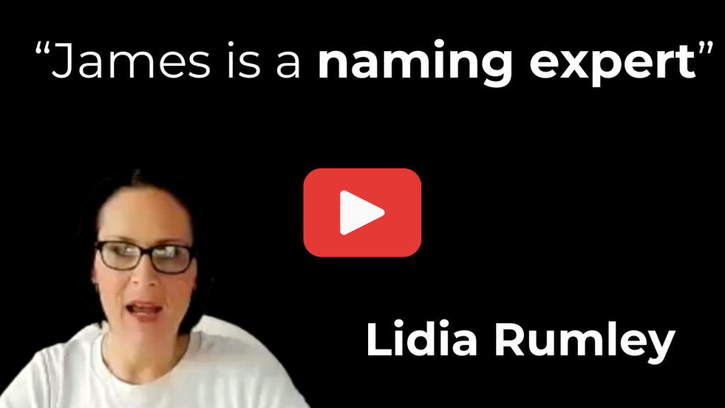 Video thumbnail featuring the quote james is a naming expert a red play button in the center and a photo of lidia rumley on black background at the bottom rightleft
