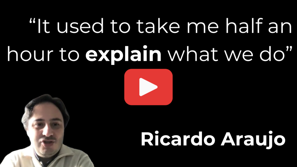 Video thumbnail black background large white quote text and a centered red youtube play button man appears bottom left quoting about explaining what we do