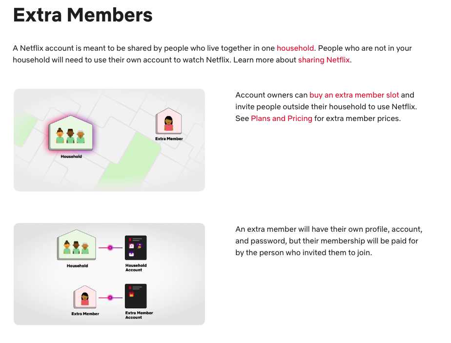Screenshot 2024 07 16 at 12 12 20 Diagram showing a netflix household with a labeled household area and a separate labeled extra member tile illustrating an additional user outside the main household household