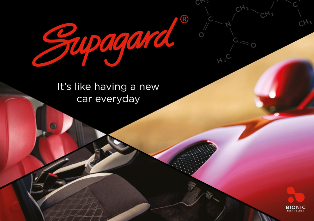 Supaguard 1709651592 Sugard brand logo on black background with car interior and the slogan its like having a new car everyday plus a bionic technology logo