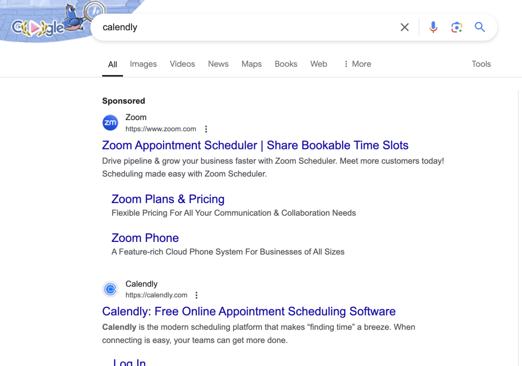 Screenshot of google search results for calendly showing sponsored zoom ad and organic listings with blue titles and gray descriptions