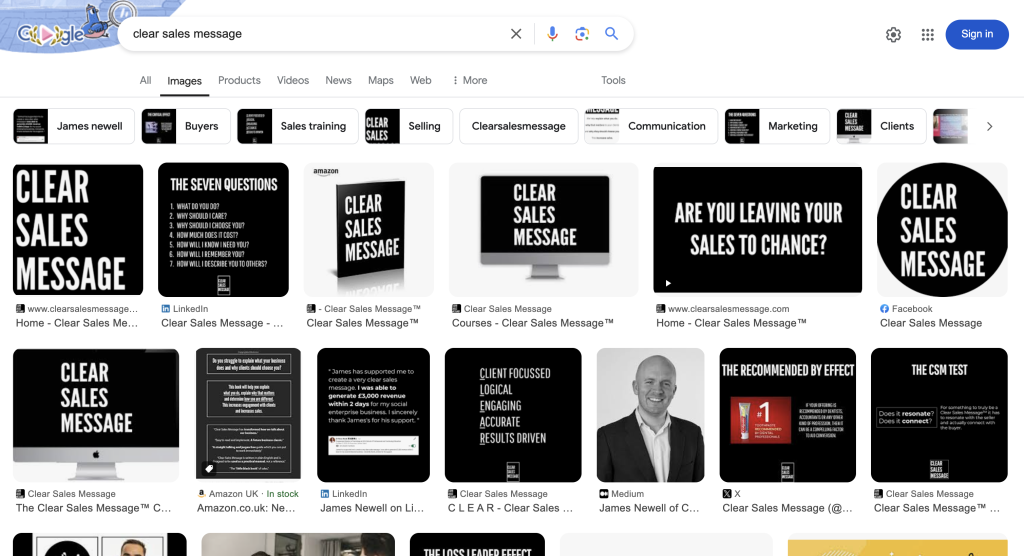 Google images results for clear sales message displaying multiple black and white thumbnails and book covers taken from various sites