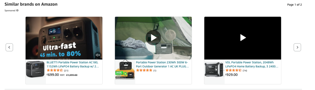 Sponsored carousel of portable power stations three products displayed with images names and prices below each card showing bluetti 230wh300w and vdl models prices £699 £929