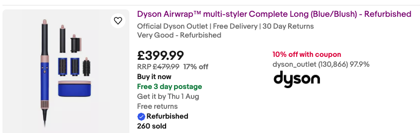 Dyson airwrap complete long bluepink refurbished kit with attachments and case priced £399 99 10 off