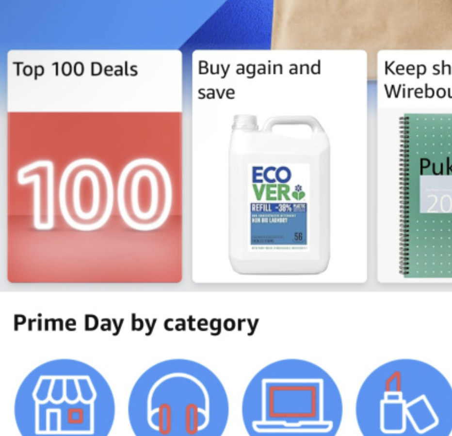 Prime day deals collage cards for top 100 deals buy again and save with an eco bottle and another product card with category icons below