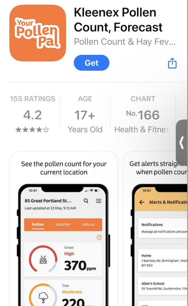 Screenshot 2024 07 19 at 07 28 55 App store listing for your pollen pal pollen count app showing logo name rating and smartphone screens with pollen data