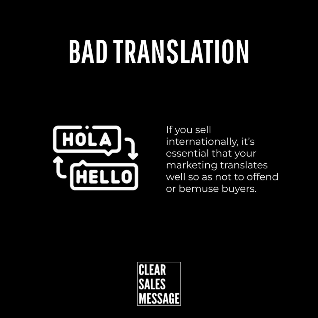 Black poster with the title bad translation white bilingual speech bubble icon showing hola and hello plus a paragraph about translation in international marketing and a clear sales message logo at the bottom