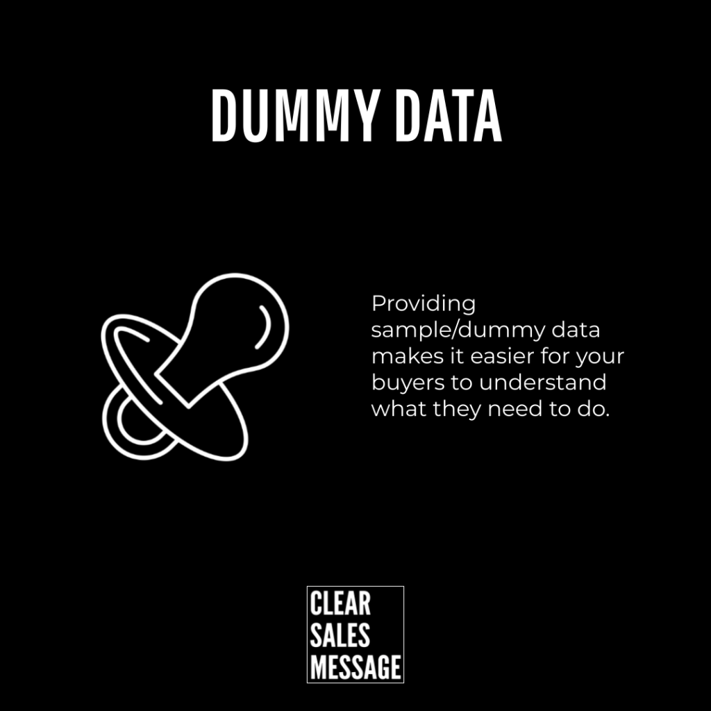 Black hero image with the large heading dummy data a white line drawn lightbulb icon on the left and descriptive text on the right about using dummy data small clear sales message logo at the bottom