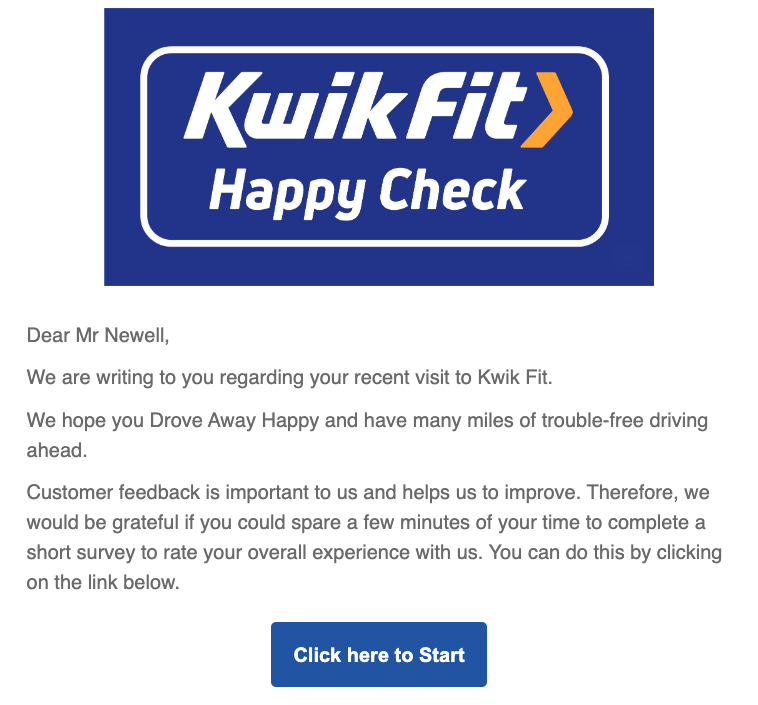 Screenshot 2024 08 09 at 11 15 31 Kwik fit happy check logo header with a message asking to complete a short survey and a blue click here to start button