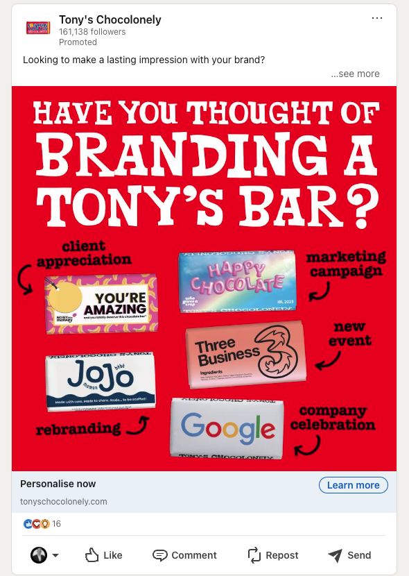 Screenshot 2024 08 07 at 13 20 55 Red tonys chocolonely ad with branded chocolate bars labeled youre amazing happy chocolate three business jojo and google illustrating branding ideas