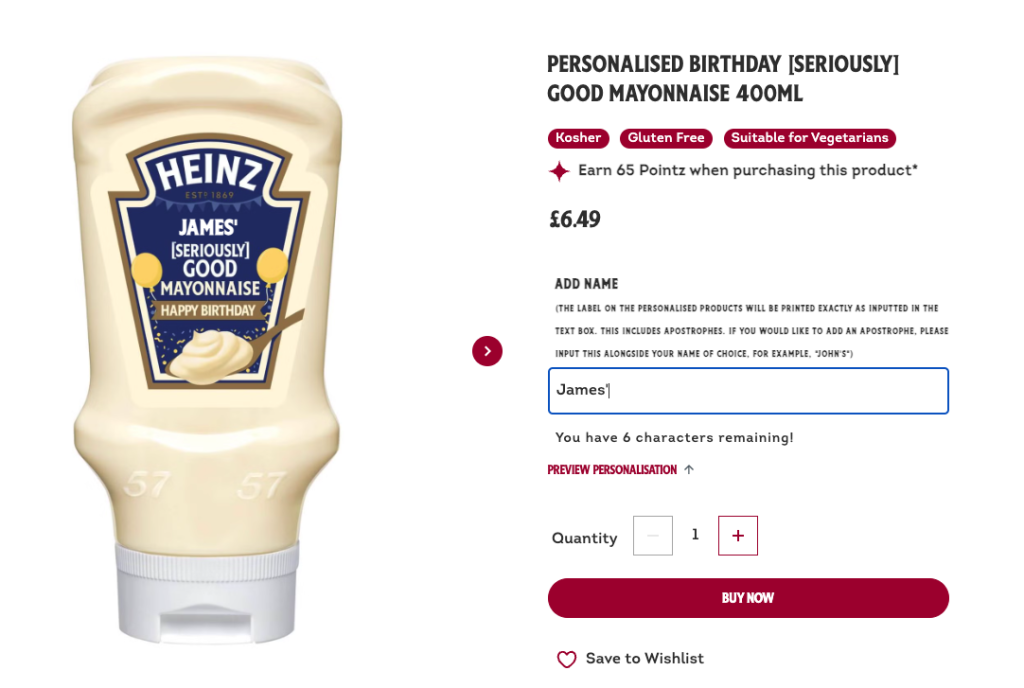 Screenshot 2024 08 07 at 15 46 59 Bottle of heinz james seriously good mayonnaise 400ml on a product page with a name customization panel on the right