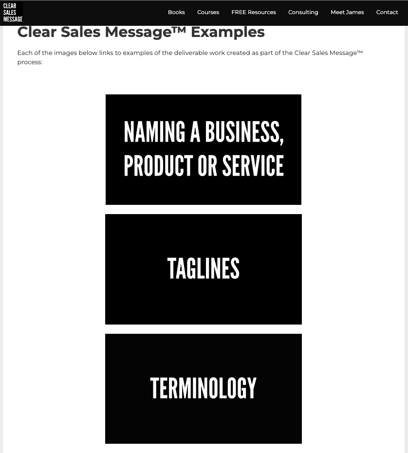 Screenshot 2024 08 09 at 12 06 41 Three black panels with white text stacked vertically naming a business product or service taglines and terminology on a white webpage