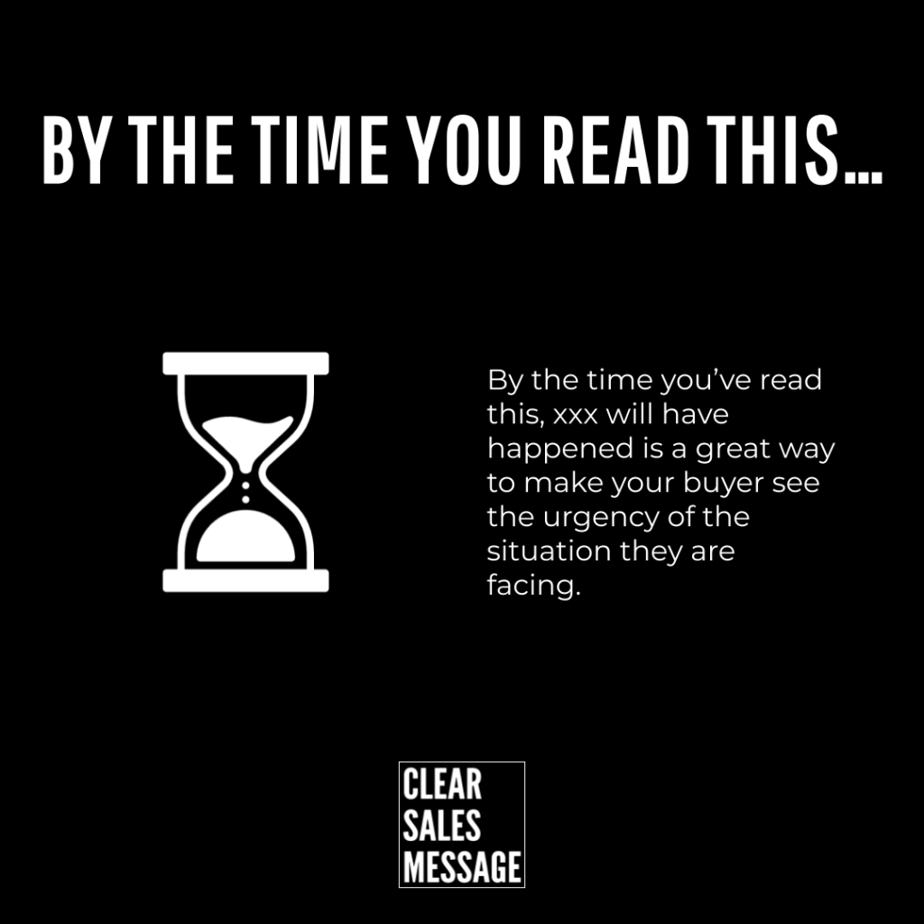 By the time you read this Black marketing poster with a large white headline by the time you read this an hourglass icon on the left a right aligned paragraph about urgency and a small clear sales message logo at the bottom center