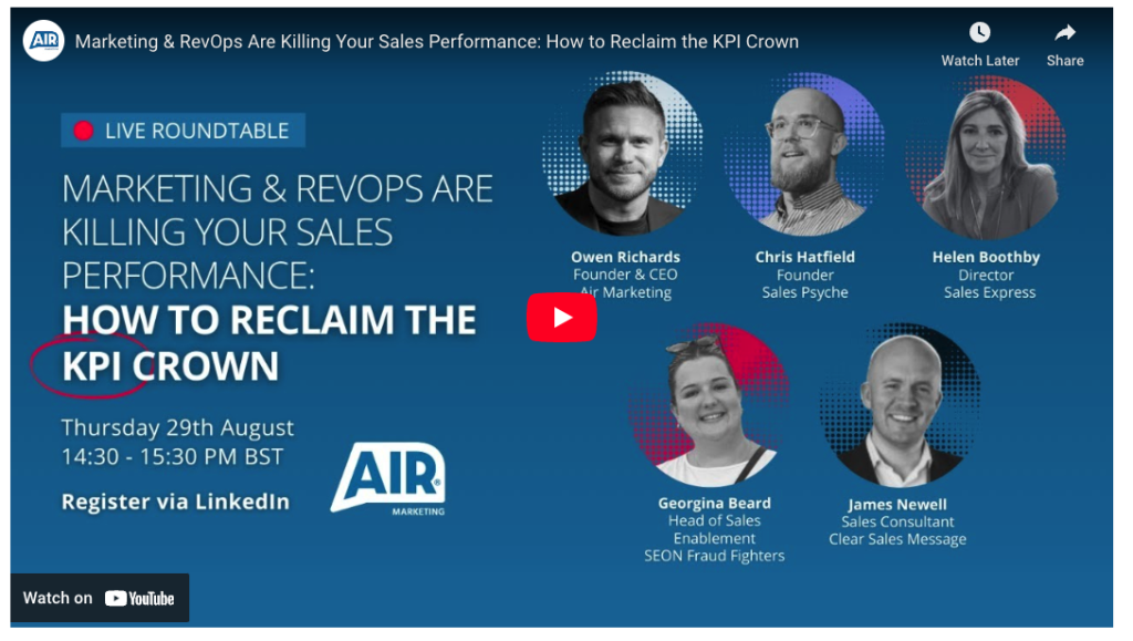 Youtube thumbnail for a live roundtable on marketing  revops with six speaker headshots and event details date time linkedin against blue background