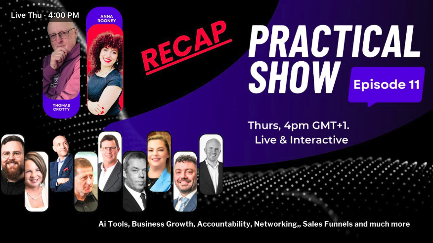 Promo banner for practical show episode 11 recap purpleblack background live thurs 4pm gmt+1 text and multiple guest headshots along the bottom