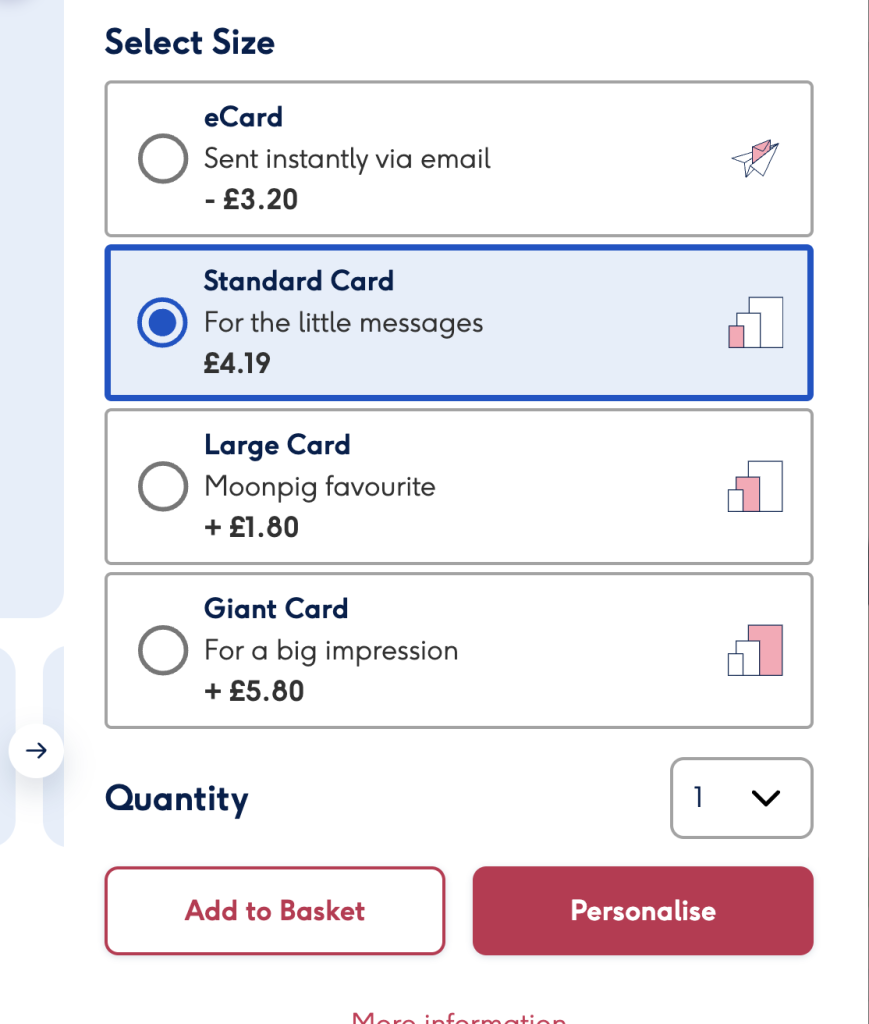 Screenshot 2024 09 06 at 09 46 48 Header select size with four card options below ecard standard card selected large card giant card each shows icon title description and price right side small charticon on some cards bottom shows quantity selector and two buttons add to basket and personalise