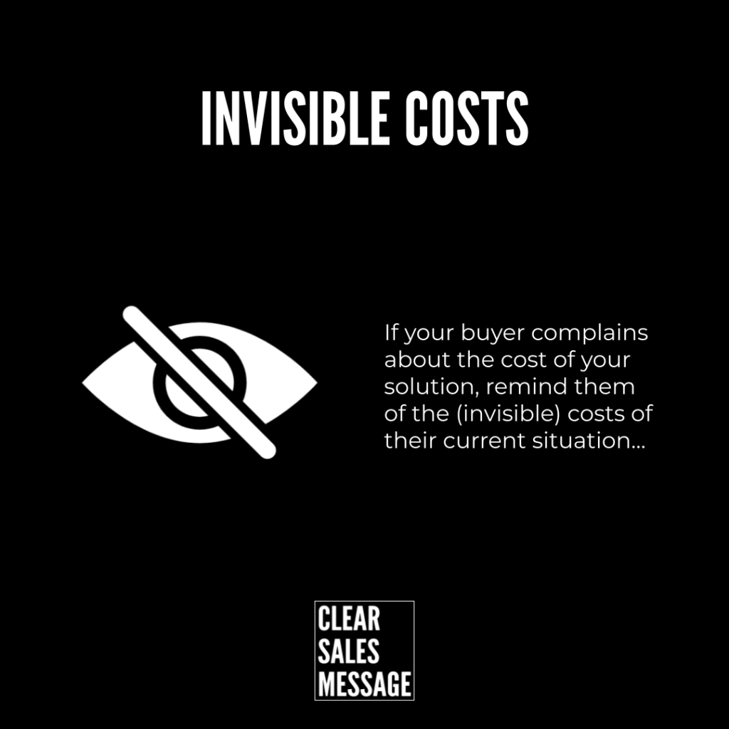 Invisible costs Black poster with the title invisible costs left a blocked eye icon right text about invisible costs of the current situation bottom center shows clear sales message logo