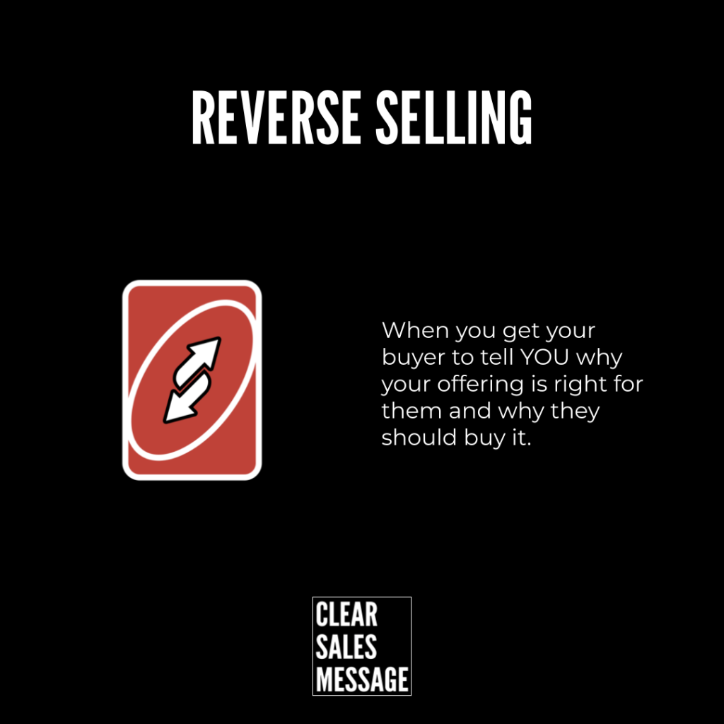 Bold reverse selling title on black background with a red card icon showing looping arrows and the line about making buyers justify their purchase clear sales message logo
