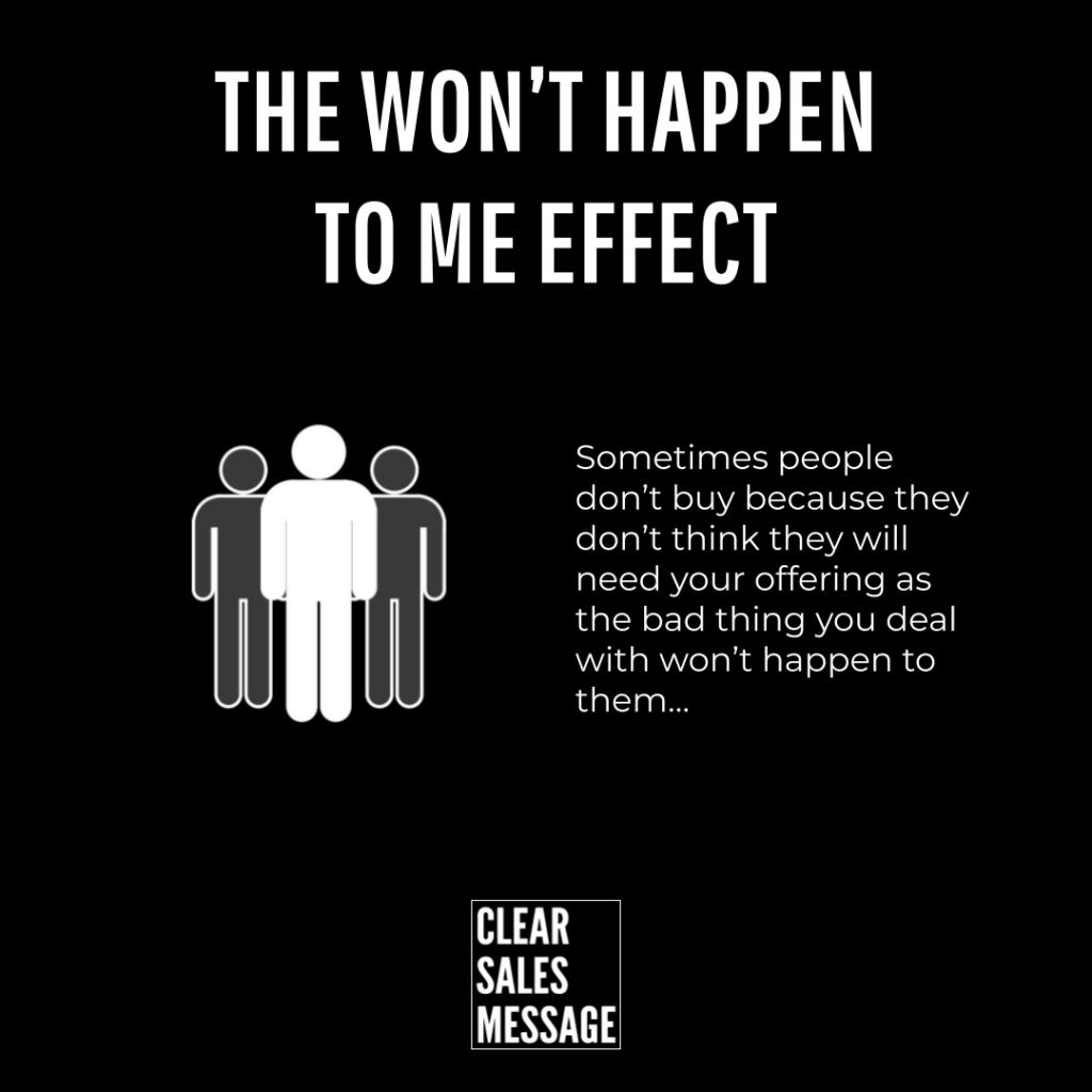 Poster about the wont happen to me effect showing a white figure among gray figures with descriptive text and a clear sales message logo at the bottom